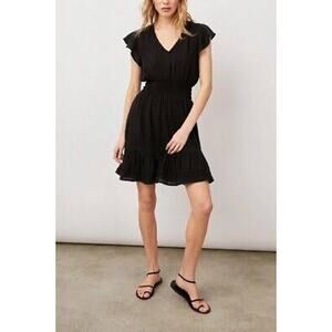 RAILS Black Tara Flutter Sleeve Linen Blend Mini Dress Smocked Waist, Lace